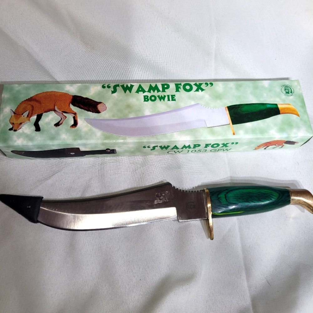 Swamp Fox 13" Bowie Knife Green Wood Handle NIB W/sheath
